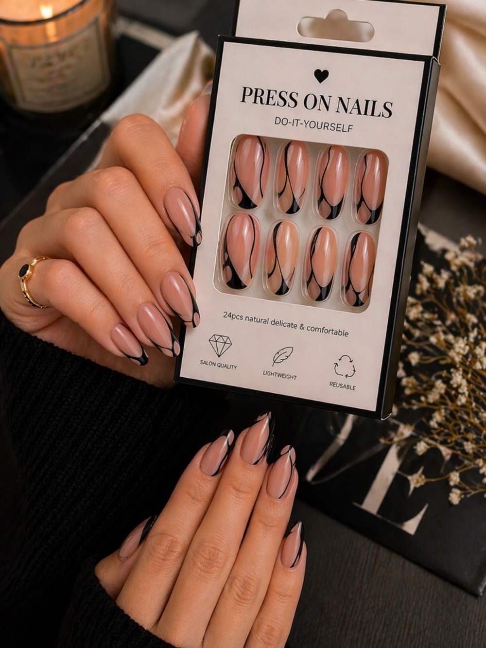 💅🖤 Chic Nude Black Abstract Press On Nails‎ Reusable 24pc Trendy New